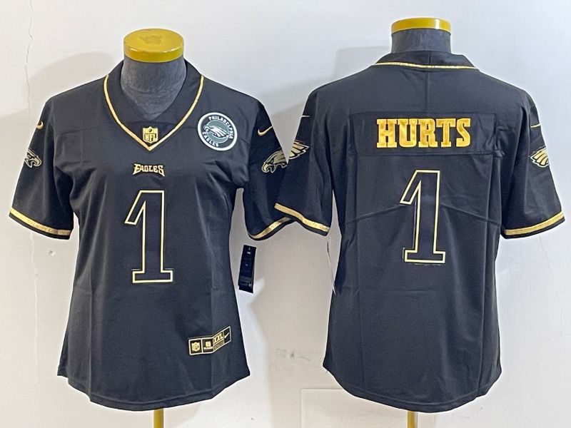 Women Philadelphia Eagles #1 Hurts Black gold 2025 Nike Vapor Limited NFL Jersey style 4
